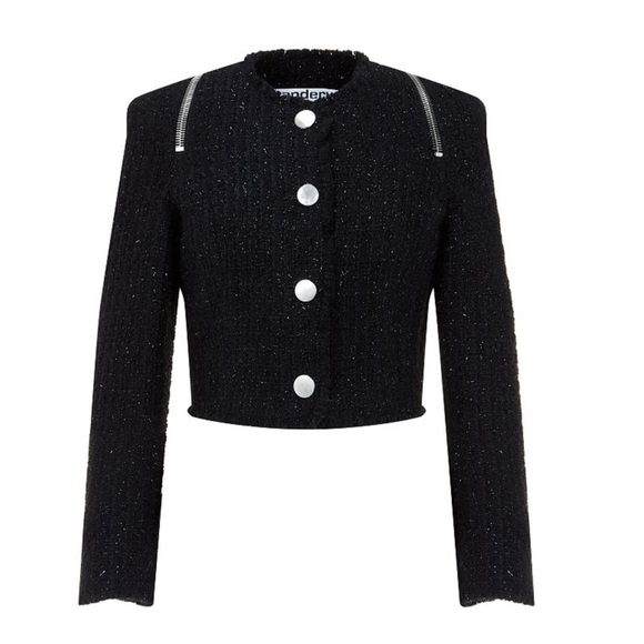 Alexander Wang Black Zipper Detail Tweed Cropped Jacket - Picture 1 of 10